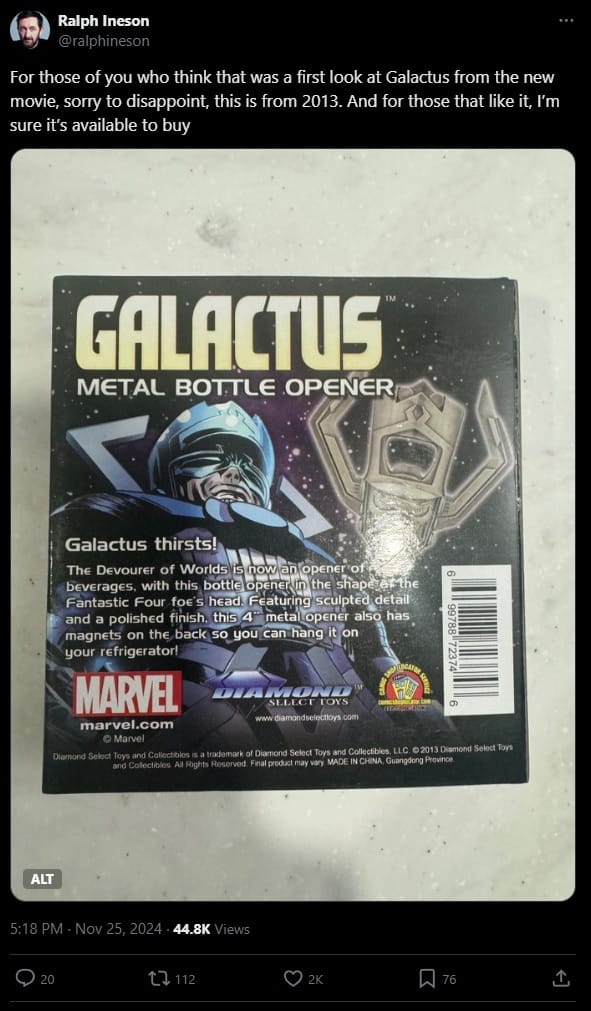 il post di ralph ineson su X dove mostra Galactus